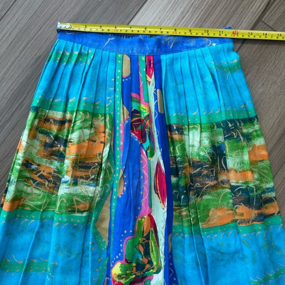 Vintage Blue Yellow Green Pink Colorful Printed High Waisted Midi Skirt - Picture 6 of 12